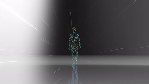 Abstrakte humanoide Figur aus leuchtenden Partikeln, die in einem futuristischen Minimalismus vorwärts gehen
