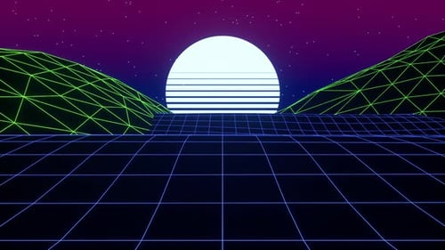 Retro Synthwave Wireframe Landscape With Sun And Grid Loop