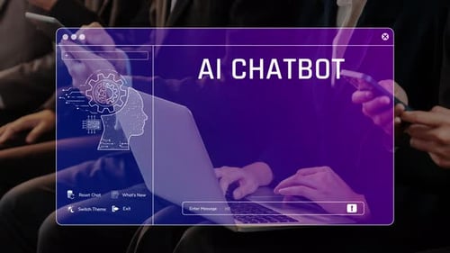Moderne KI-Chatbot-Oberfläche in einem Geschäftsumfeld mit mehreren Benutzern, die sich mit Technologie und D beschäftigen