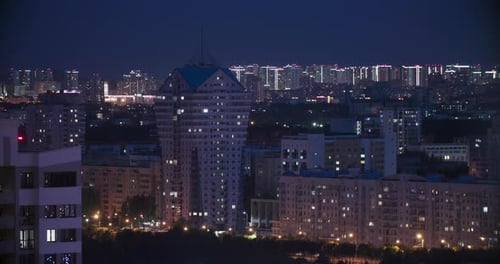 Dark Blue Night Sky Above Modern Multistorey Residential Houses Elevated View Cityscape Skyline
