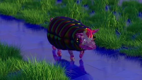Abstraktes Konzept Diamond Pig Walks auf blauen Fliesen