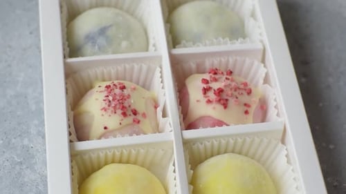 Japanese sweet frozen mochi with rice dough, fruit, and chocolate filling. Japanese mochi