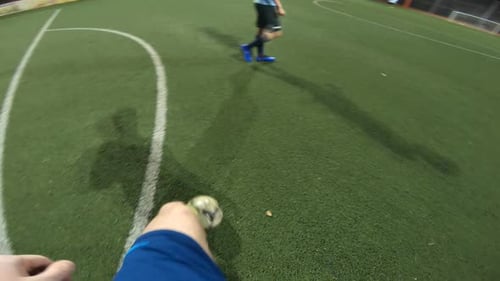 Point of View of Soccer Player Training His Skills at Football Field at Evening Time Man Practicing