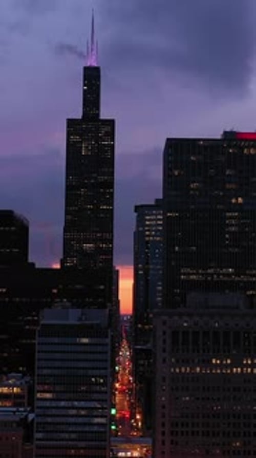 Urban Cityscape of Chicago in Blue Hour in Winter Aerial View USA Vertical Video