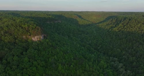 Breathtaking Aerial View Over Lush Green Forest Valley and Cliffs