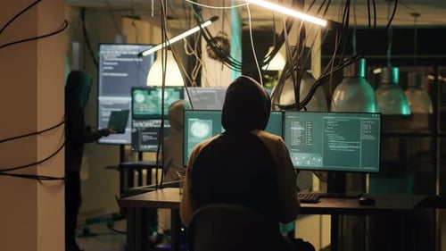 Male Web Criminal Committing Cyber Crime with Network Malware