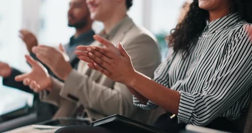 Woman, business people and hands in workshop for applause, celebration and achievement for audience