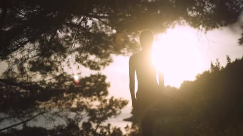 Young woman doing morning yoga Tree Pose (Vrksasana) in coastal forest, sunrise