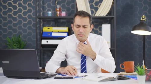 Man Coughing in Office, Touching Throat