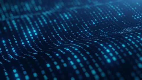 Futuristic 3D binary code background with glowing blue digits flowing in digital waves