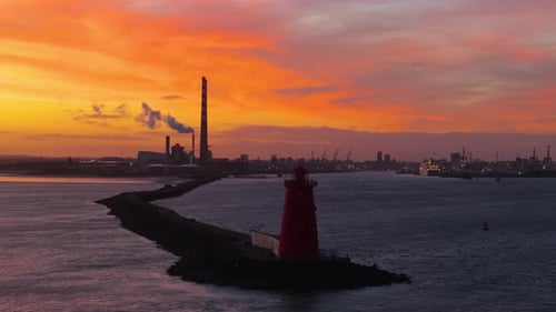 Sunrise Aerial of Poolbeg Lighthouse in Dublin, Ireland