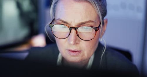 Cybersecurity, reading and computer with woman in office for server, software encryption