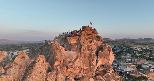 Aerial View of Natural Rock Formations in the Sunset Valley with Cave Houses in Cappadocia Turkey