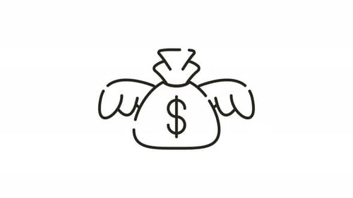 Animiertes fliegendes Geldbeutelsymbol Animierter Geldsack mit Dollarzeichen, glänzend, impliziert Wohlstand.
Geeignet