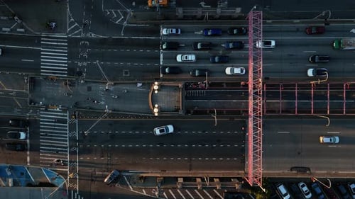 Overhead Aerial View of the Williamsburg Bridge in New York City Capturing the Bustling Traffic and