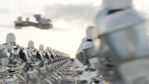 3d Animation Loop of Army of Cyborgs Walking Under Sundown Sky