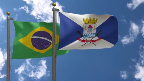 Flags of Brazil and Brazilian City Waving in Clear Blue Sky