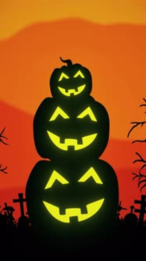 Glowing Jack-o'-Lanterns Stacked in Spooky Halloween Graveyard