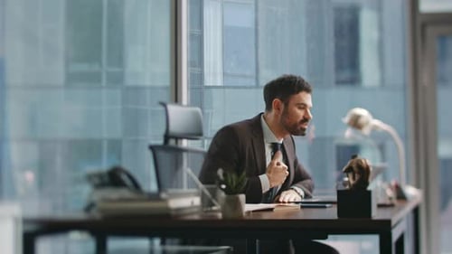Corporate Worker Shouting Remote Conference Sitting Office Desk Furious Manager