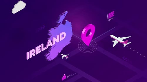Isometric Travel Animation of Ireland with Location Pin and Airplanes