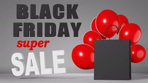 Black Friday Super Sale Animated Text with Shopping Bag and Balloons