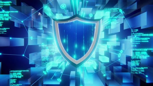 Cybersecurity Shield with Digital Matrix Background
