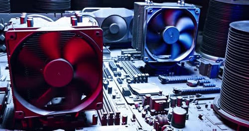 Funktionierende Grafiken auf Motherboards mit Lüftern am Kühlkörper.
