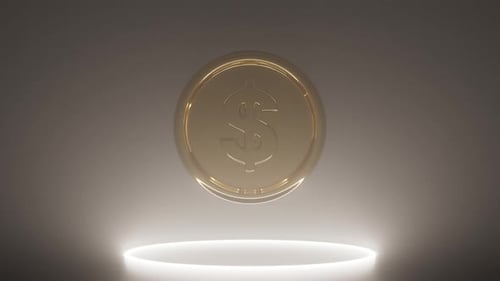 Looping 3D Gold Coin Rotating of Hazy Neon Light Background