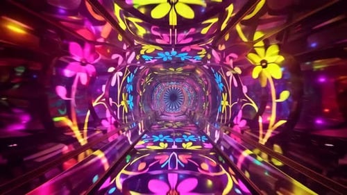 Vibrant Flower Kaleidoscope Neon Light Tunnel Loop