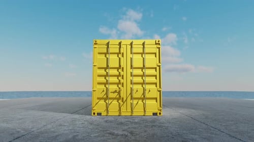 Yellow shipping container opening doors by the sea
