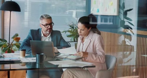 Business, people and meeting with handshake in office for partnership, b2b and financial deal