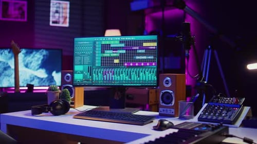 Music Studio With Audio Editing Software and Equipment