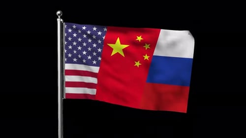 Combined USA China Russia Flag Waving Animation
