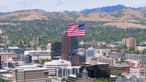 Wide Shot of Salt Lake City with American Flag