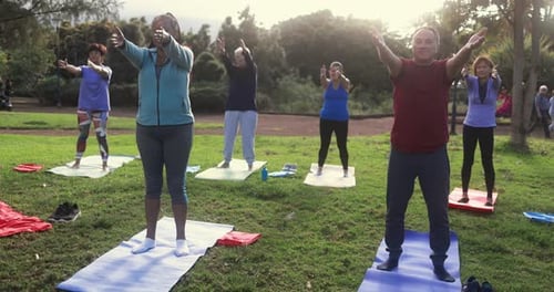 Multiracial senior people doing yoga exercises outdoor with city park in background