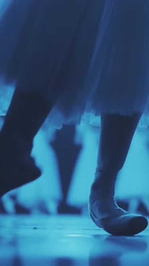Ballerinas' Feet Dancing in Dim Blue Studio