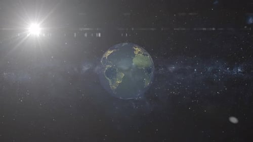 Rotating Earth with City Lights and Sun Lens Flare