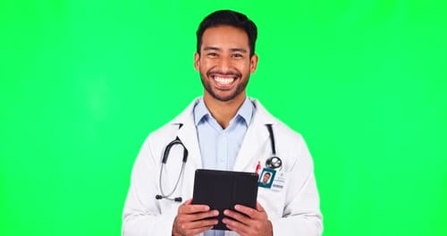 Green screen, tablet and portrait of doctor with happy, smile or health care expert with technology