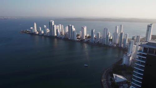Aerial View of Bocagrande Hotels and Beaches on Caribbean Sea, Neighborhood of Cartagena, Colombia
