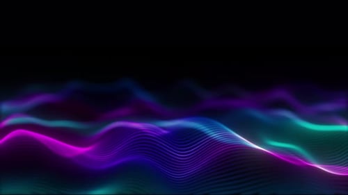 Digital Multicolor Neon Wave Lines. Curved Gradient Pink Green Blue Purple. Glowing Flow Surface Bla