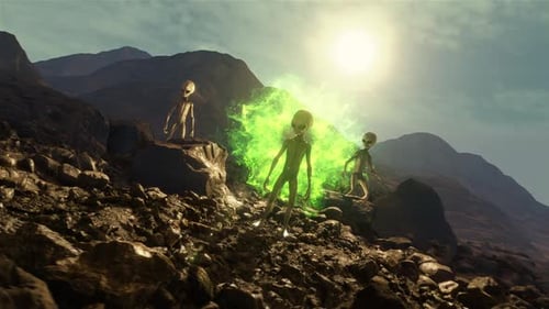 Eine felsige Landschaft mit drei grauen Aliens