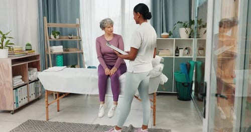 Patient, physiotherapist and clipboard in clinic for rehabilitation assessment