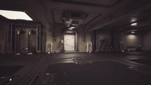 Interior of a Futuristic Space Station Showing Equipment and Storage Areas