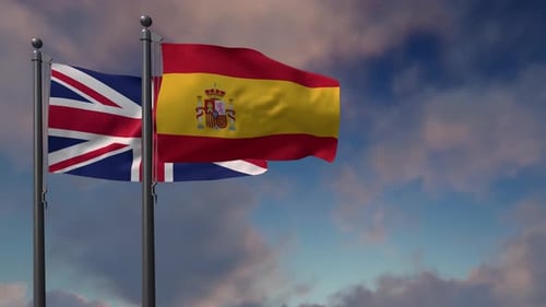 United Kingdom and Spain Flags Waving Animation