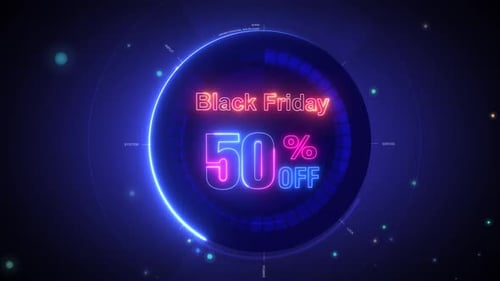 Neon Black Friday 50% Off Title with Futuristic HUD Animation