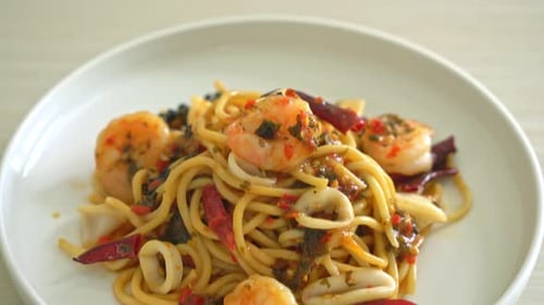 Seafood Spaghetti Served on White Plate