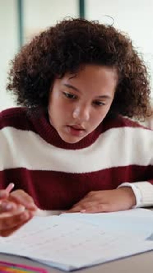 Homework, thinking and child writing in home for activity sheet, education and learning with answer
