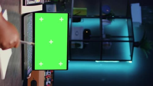 Vertical Video Chroma Key Notebook Between Man and Woman Meeting in Studio to Film Online Show