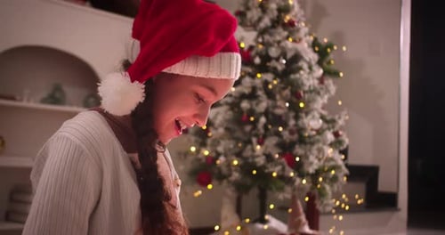 Girl Opening Christmas Gift in Cozy Setting