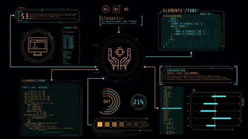 Écran animé avec codes de programmation et éléments infographiques